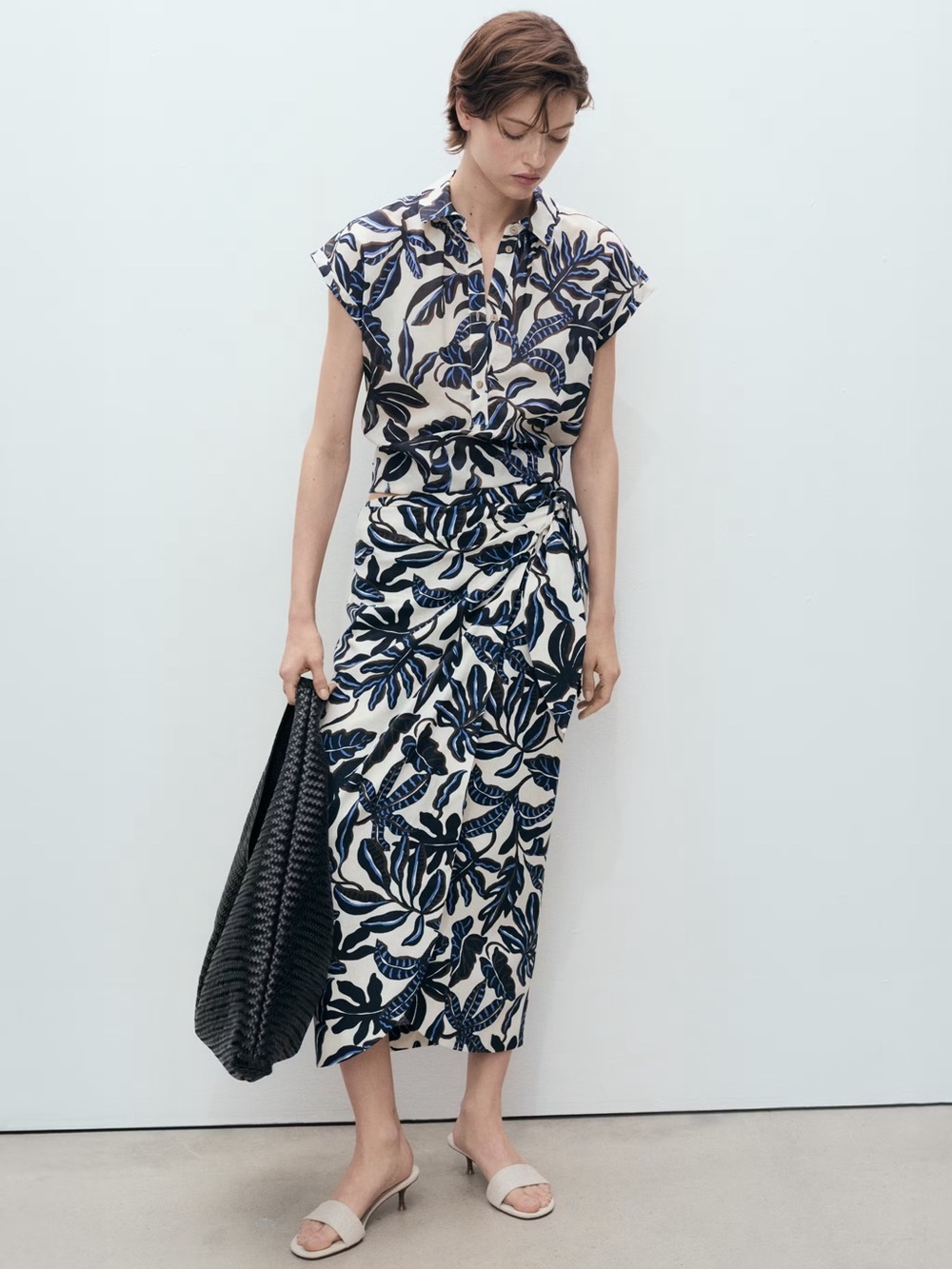 Mango Leaf printed linen Co-ord set skirt+shirt NWT